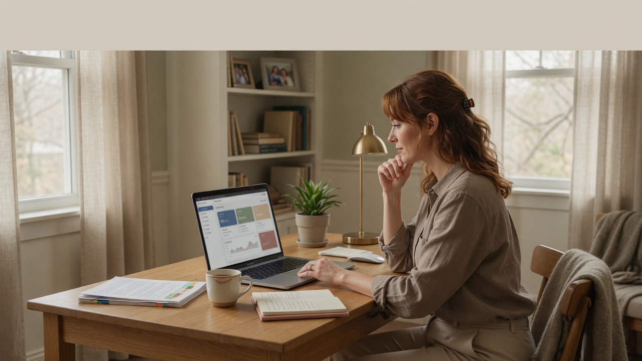 An early-50s woman with auburn hair at a quiet residential study desk watches mention and citation visibility on a laptop.