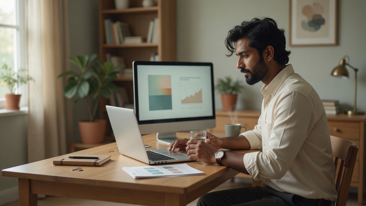 A mid-30s South Asian man at a quiet residential study desk watches index health on a laptop and unmarked monitor.